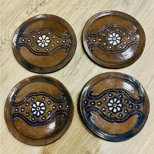 Set Of 4 Mexican Handmade Brown Glazed 6.5” Stone Plates